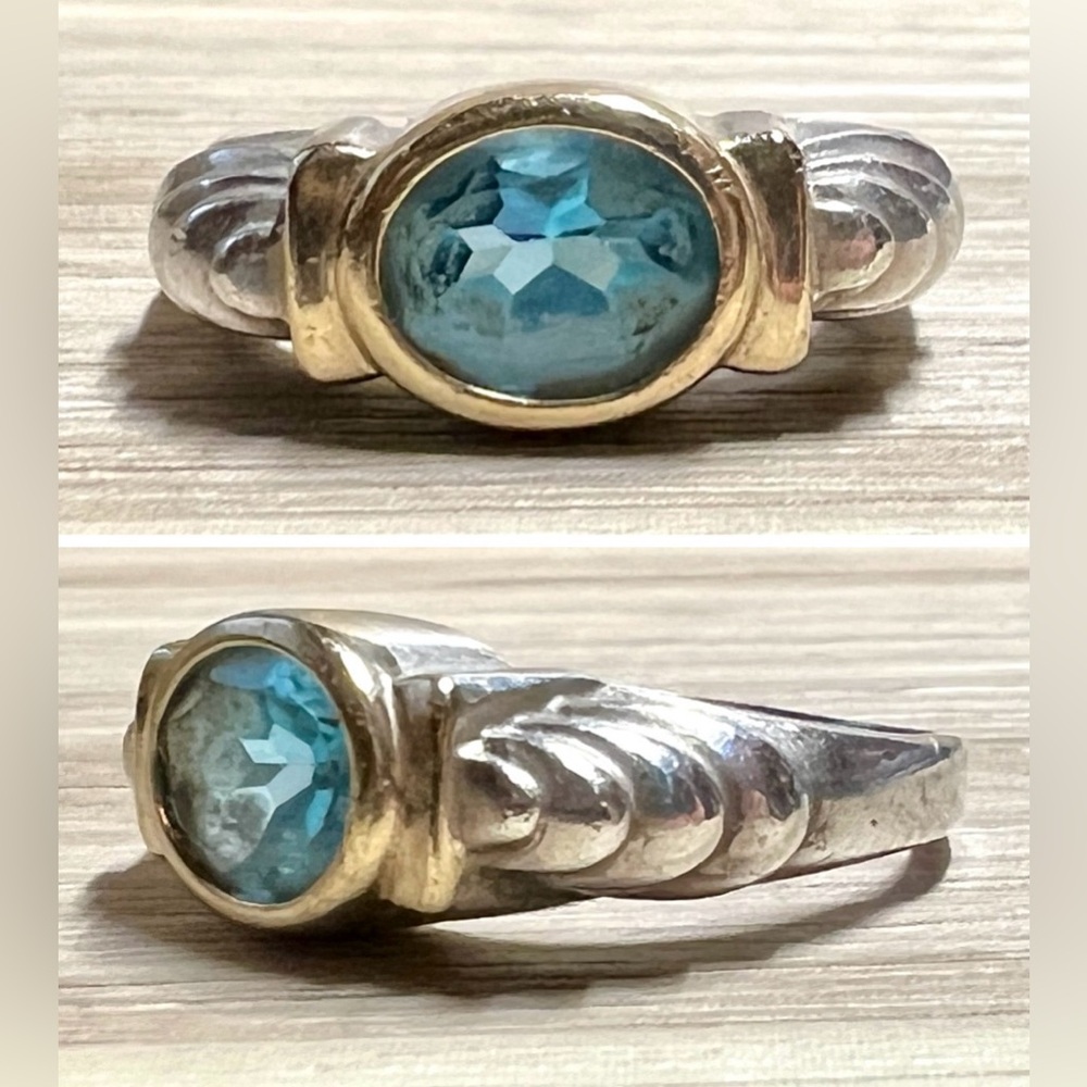 Designer KD Sterling Silver & 14K Gold Blue Topaz Solitaire Ring, Size 7.25, 4g